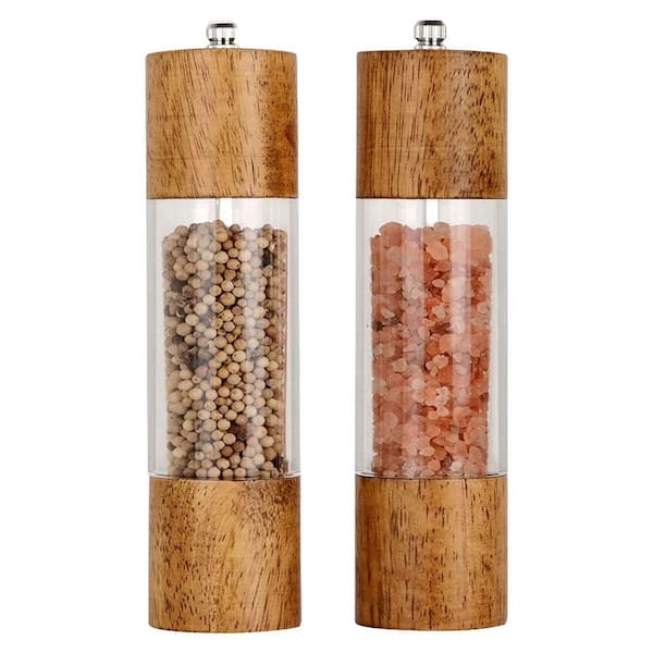 Acrylic Salt and Pepper Grinder Set, Manual Mills with Adjustable Ceramic Core, Wooden Finish, 8 Inches, Pack of 2