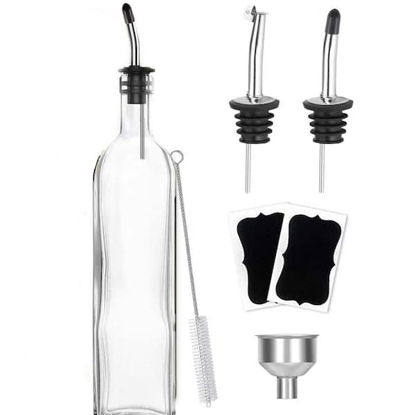 17 oz./500 ml Lead-Free Clear Glass Olive Oil Dispenser Bottle with Stainless Steel Pourers, Funnel, Brush, Labels