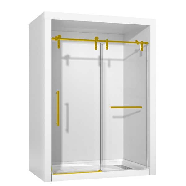 56-60 in. W x 76 in. H Sliding Frameless Glass Shower Door, Handle and Seal Strip, Stainless Steel Hardware, Golden