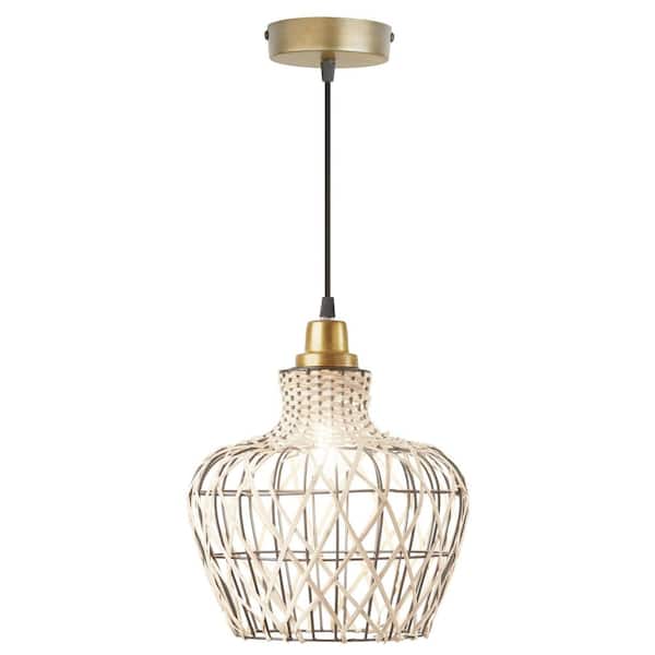 Rudy 1-Light Tan, Black, and Gold Hanging Pendant with Basket-Weave Rattan Shaded