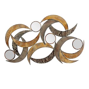 24 in. x  40 in. Metal Beige Abstract Wall Decor with Round Mirror Accents