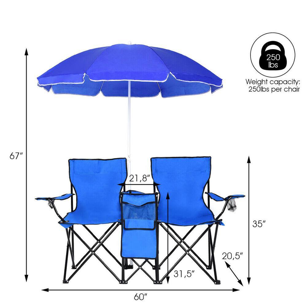 Blue Double Folding Camping Chairs with Umbrella and Cooler