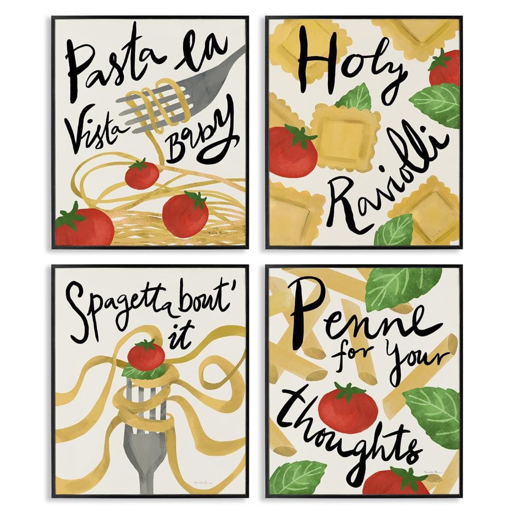 Stupell Industries Funny Pasta Puns by Farida Zaman 4-Pieces Black Framed  Food Giclee Art Print 20 in. x 16 in. a4-116_fr_4pc_16x20 - The Home Depot, image size:1000x1000