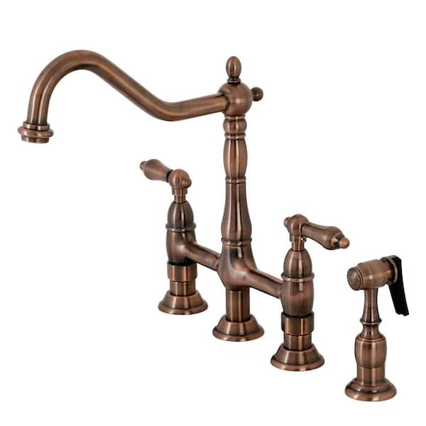 Kingston Brass Heritage 2-Handle Bridge Kitchen Faucet with Side Sprayer in Antique Copper