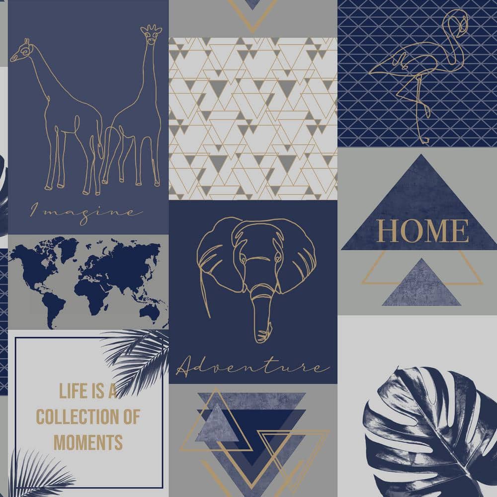 Walls Republic Metallic Collage Wallpaper Navy & Gold Paper Strippable Roll  (Covers 57 sq. ft.) R6490 - The Home Depot