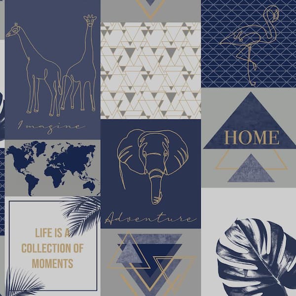 Walls Republic Metallic Collage Wallpaper Navy & Gold Paper Strippable Roll (Covers 57 sq. ft.)