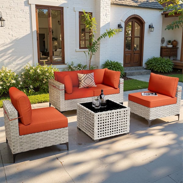 OVIOS Supery Gray 5-Piece Wicker Patio Conversation Seating Set with Orange Red Cushions and Coffee Table