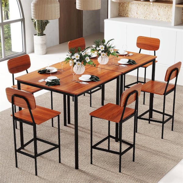 5-Piece Industrial Wood Top Dining Table Set with Counter Height Table and 4-Bar Stools Walnut