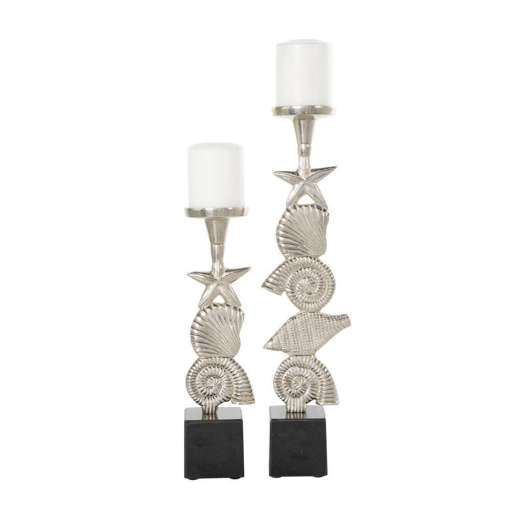 Litton Lane Silver Aluminum Shell Candle Holder With Black Marble Bases Set Of 2 045018 The 5740