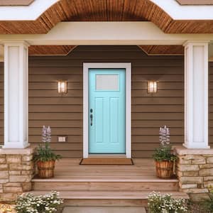 36 in. x 80 in. Right-Hand Craftsman Blanca Frosted Glass Caribbean Blue Steel Prehung Front Door