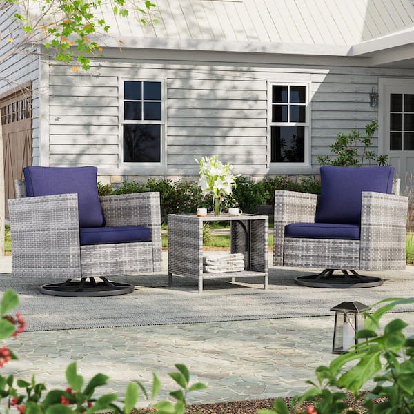 Sonkuki 3-Piece Gray Wicker Outdoor Swivel Rocking Chairs Patio Bistro Set with Side Table Navy Blue Cushion