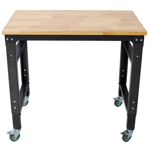 20 in. W x 35 in. D Rolling Work Table, Adjustable Workbench Tool with Rubber Wood Top, Black
