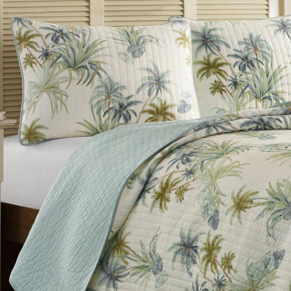 Ivory and Aqua Cotton Twin Reversible Quilt Set