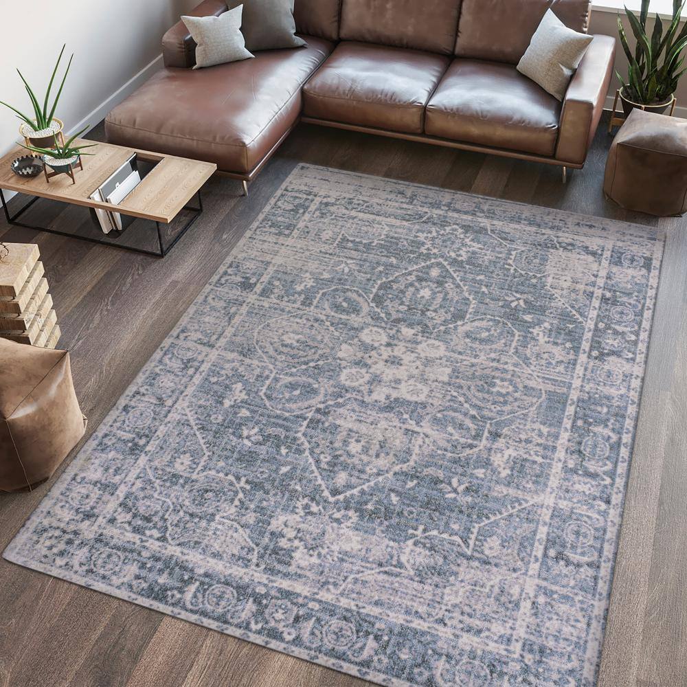 Blue and Light Gray Medallion Washable Synthetic 4' x 6' Rug