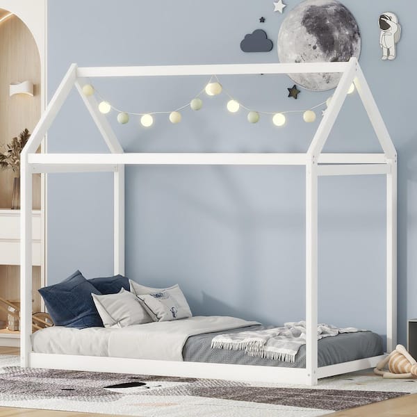 White Twin Size Wooden House Bed, Montessori Floor Bed