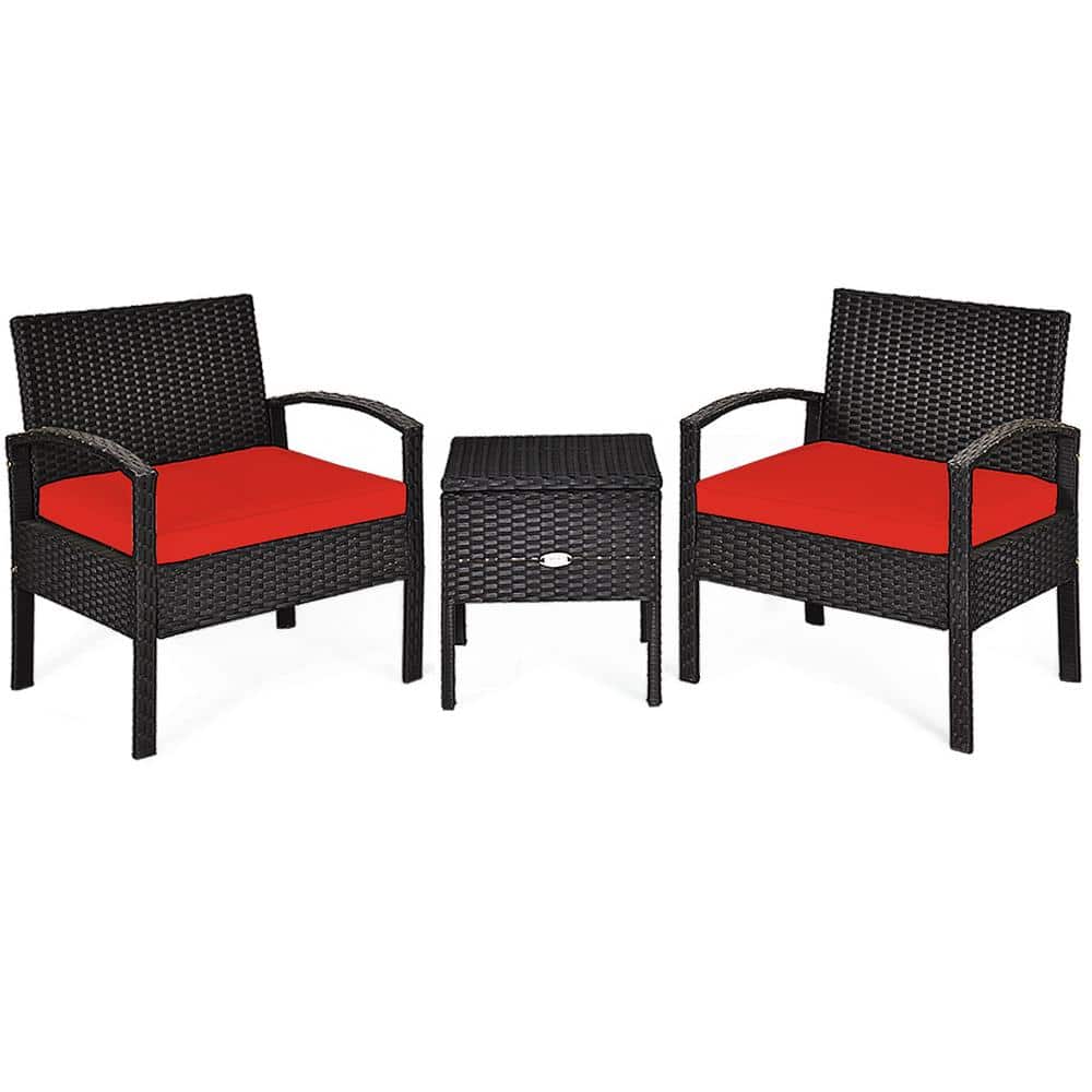 3-Pieces PE Rattan Wicker Patio Conversation Sofa Set With RedCushions