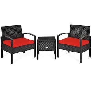 3-Pieces PE Rattan Wicker Patio Conversation Sofa Set With RedCushions