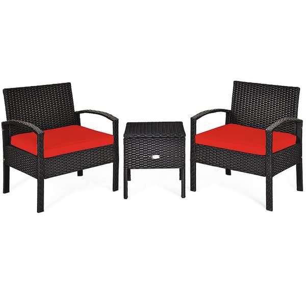 Unbranded 3-Pieces PE Rattan Wicker Patio Conversation Sofa Set With RedCushions