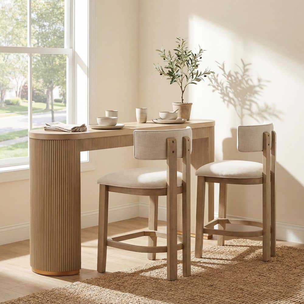 Egan 3-Piece Light Ash 34.5 in. H Rectangle Curved Bar Table Seats 2 with Wood Texture, 2 Beige+Light Ash Wood Stools price history on PriceWatchPro