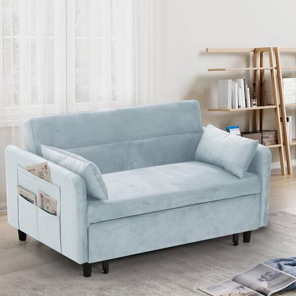 Z joyee 54 in. Light Blue Velvet Twin Size Sofa Bed with 2 Pillows LY20220850