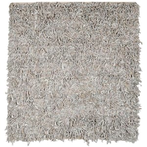 Leather Shag White 6 ft. x 6 ft. Square Solid Area Rug
