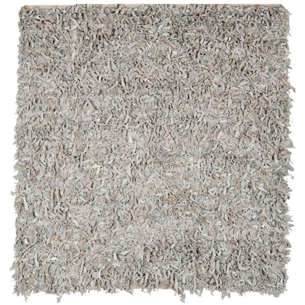SAFAVIEH Leather Shag White 6 ft. x 6 ft. Square Solid Area Rug