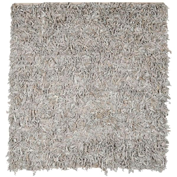 SAFAVIEH Leather Shag White 8 ft. x 8 ft. Square Solid Area Rug