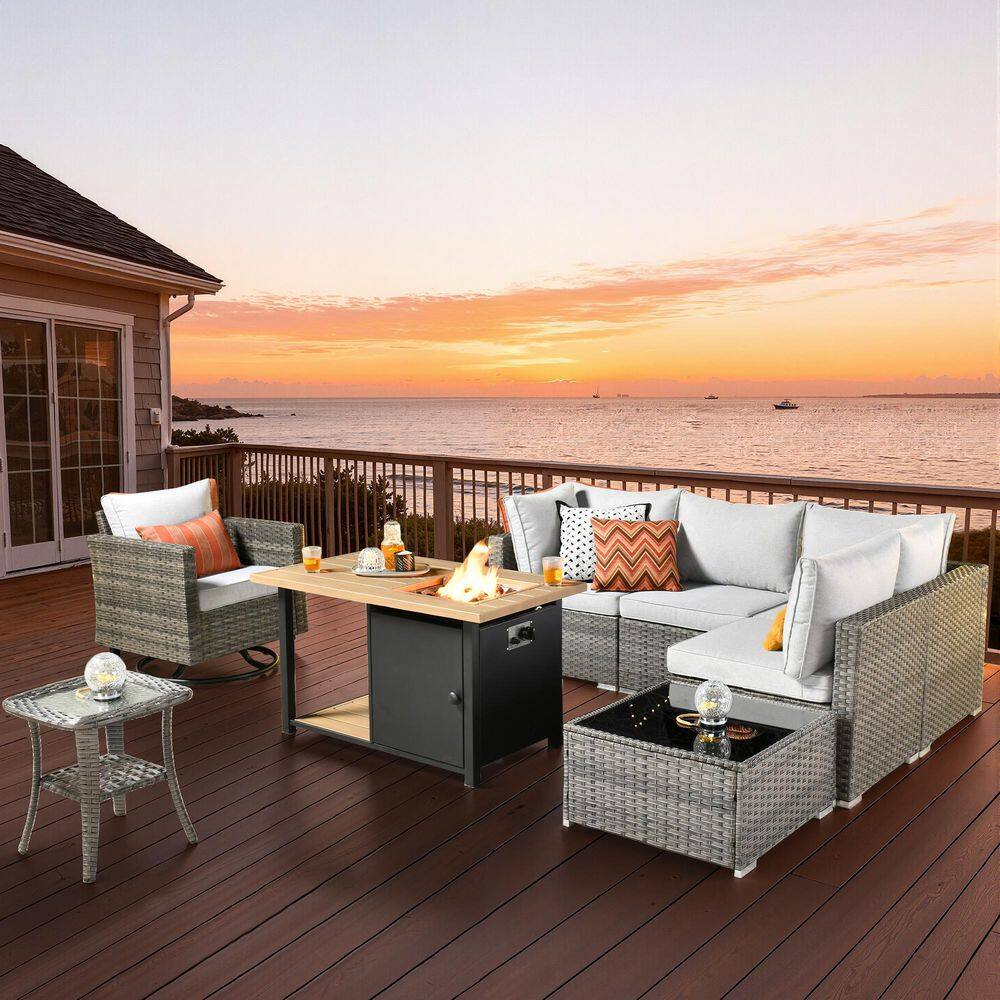Sanibel Gray 8-Piece Wicker Patio Conversation Sofa Set with a Swivel Chair, a Storage Fire Pit and Light Gray Cushions