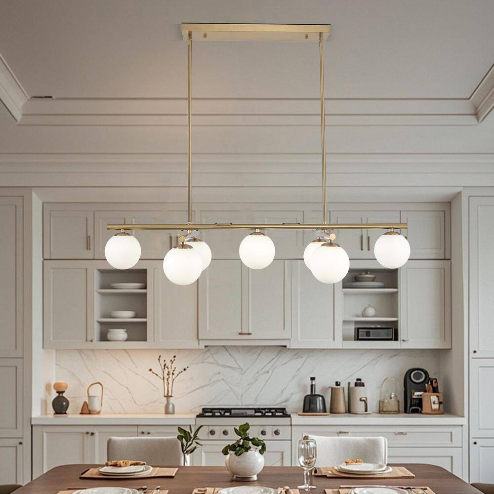 Modern 7-Light Gold Linear Island Chandelier with White Frosted Glass Shade for Kitchen Island Living Room price history on PriceWatchPro