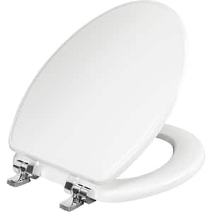Weston Elongated Soft Close Enameled Wood Closed Front Toilet Seat in White Never Loosens Chrome Metal Hinge