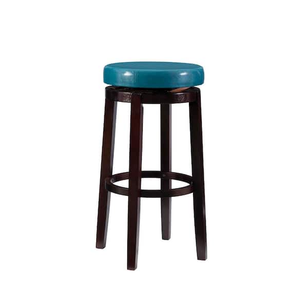 Linon Home Decor Maya Swivel 31.1 in. Teal/Brown Backless Wood Counter Stool with Faux Leather Seat