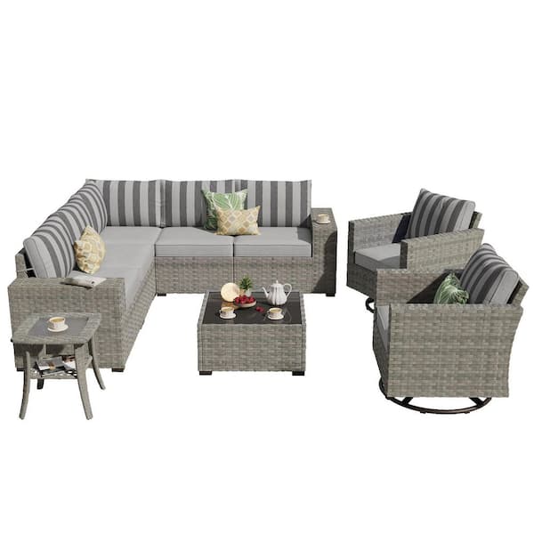 Lanora Gray 9-Piece PE Rattan Wicker Outdoor Sectional Set Sofa Set with Gray Stripe Cushion, Table & Rocking Chair Set
