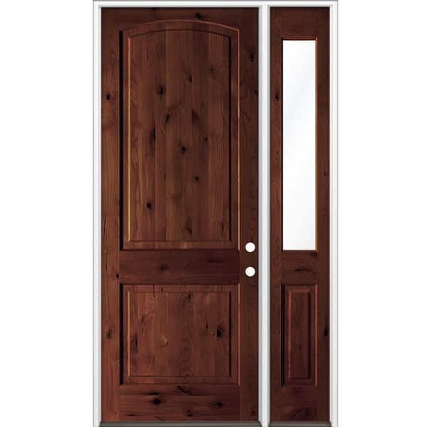 46 in. x 96 in. Knotty Alder 2-Panel Left-Hand/Inswing Clear Glass Red Mahogany Stain Wood Prehung Front Door RHSL