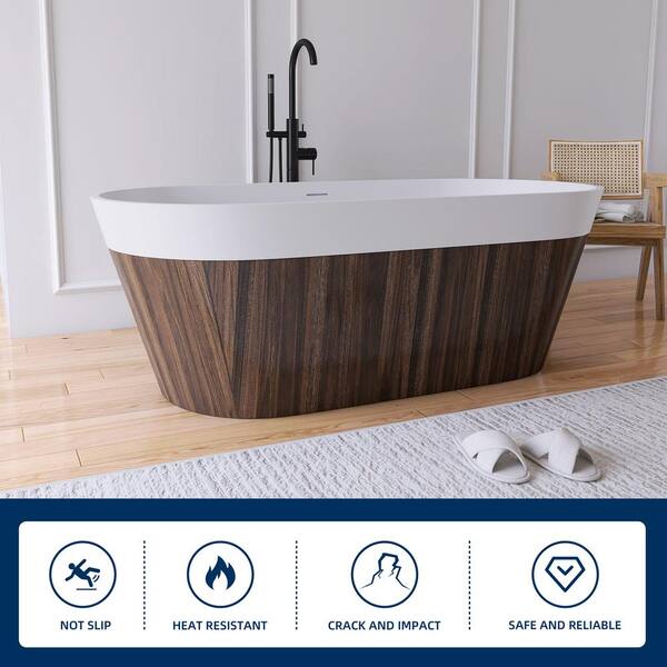 Maria 63 in. x 29.5 in. Stone Resin Solid Surface Flatbottom Freestanding Soaking Bathtub in Woodgrain and White
