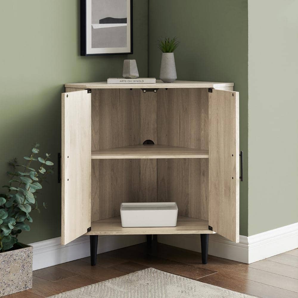 Contemporary Birch and Walnut Corner Accent Cabinet with Adjustable Shelving