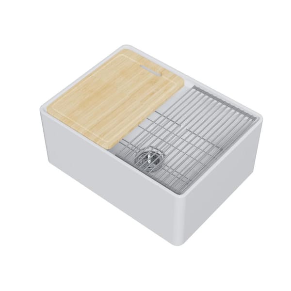 Farmhouse Sink 24 x 18 in. Small Apron-Front Kitchen Sink Reversible Heavy Duty Single Bowl White Fireclay Cutting Board