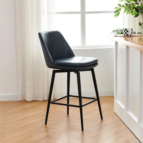 Cecily 27 in. Blue High Back Metal/Wood Swivel Counter Stool with Faux Leather Seat (Set of 2)