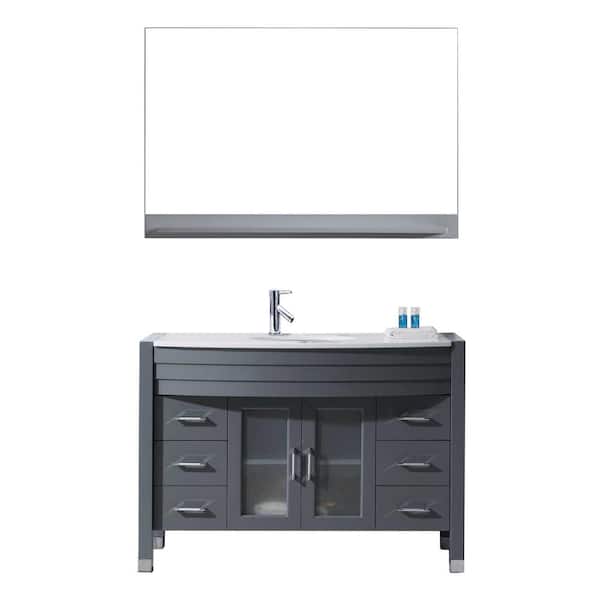 Virtu USA Ava 47 in. W Bath Vanity in Gray with Stone Vanity Top in White with Round Basin and Mirror