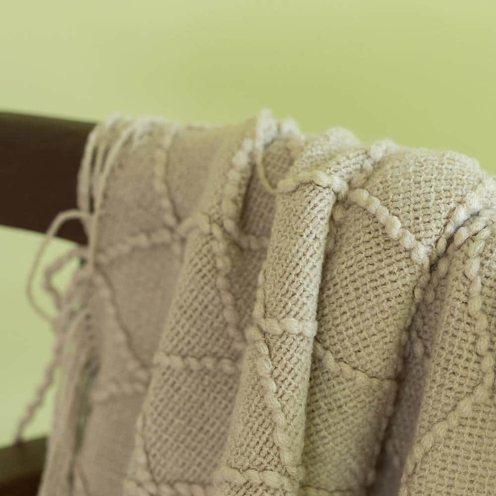 Khaki Knitted Throw Blanket Set with Fringe Edges, 50x60 in
