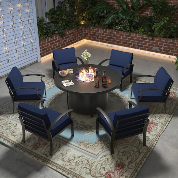 7-Piece Black Aluminum Outdoor Patio Set with Round Fire Pit, 6 Arm Chairs, Wind Guard, Navy Blue