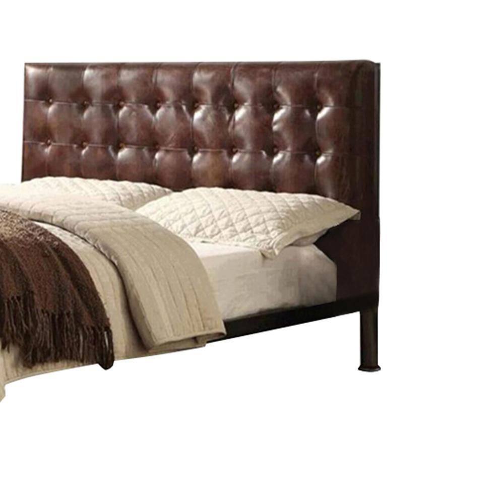 Vintage Brown Top Grain Leather Queen Bed with Tufted Headboard