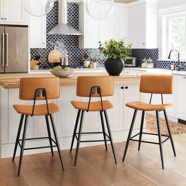 LUE BONA 24.5 in. H Whiskey Brown Metal Counter Height Bar Stools Curved Seat Faux Leather Barstools Set of 3