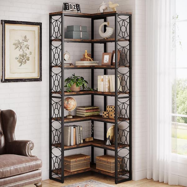 BYBLIGHT Eulas 78.7 in. Tall Brown Engineered Wood 7-Shelf Corner Etagere Bookcase, Industrial L-Shaped Book Shelf with Storage