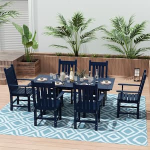 Hayes 7-Piece HDPE Plastic All Weather Outdoor Patio Trestle Table Dining Set with Armchairs in Navy Blue