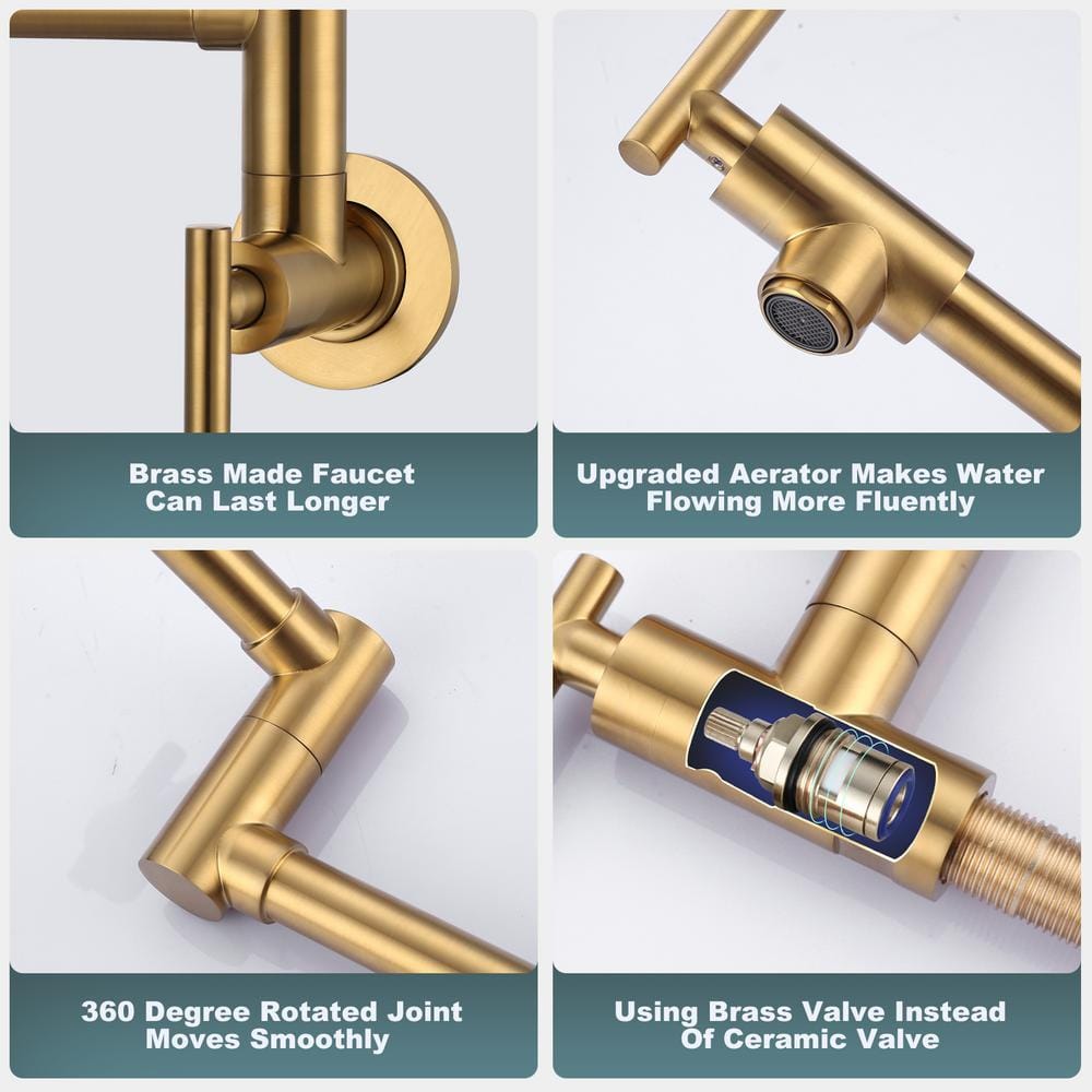Brushed Gold Brass Wall Mounted Double Handle Pot Filler Faucet