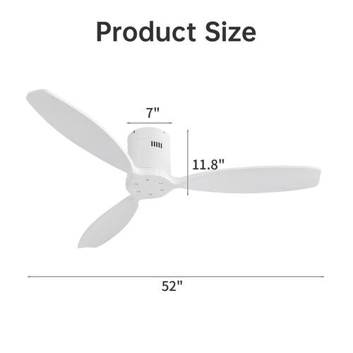 52 in. Indoor 3 Blade Flush Mount Quiet White Ceiling Fan without Light, Remote Control and 6 Speed Reversible DC Motor Ceiling Fans Without Lights