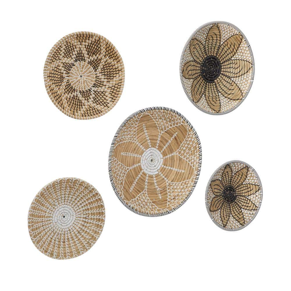 Handmade Brown and White Seagrass Embroidered Wall Sculpture Set