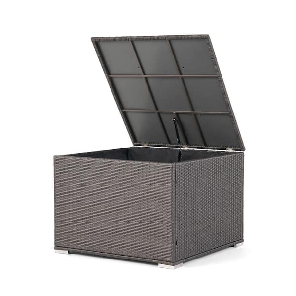 130 Gal. Wicker Outdoor Storage Bench Patio Square Rattan Deck Box, Storage Bench for Pool, Balcony, Garden, Gray