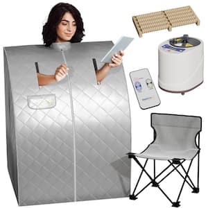 1-Person Indoor PP Plastic 900 Watt Portable Steam Home Sauna with Digital Controller and Foldable Chair, Silver