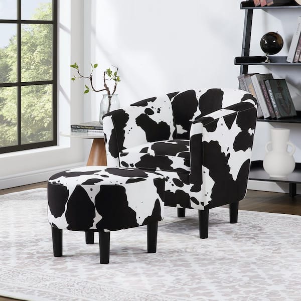 Take a Seat Churchill Black Cow Print Fabric Accent Chair with Ottoman
